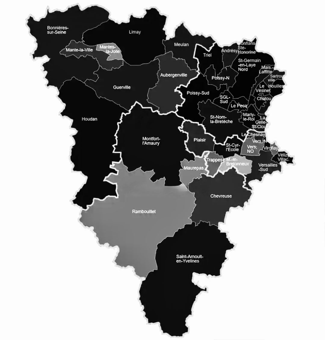 Carte des Yvelines en noir et blanc avec les villes royales